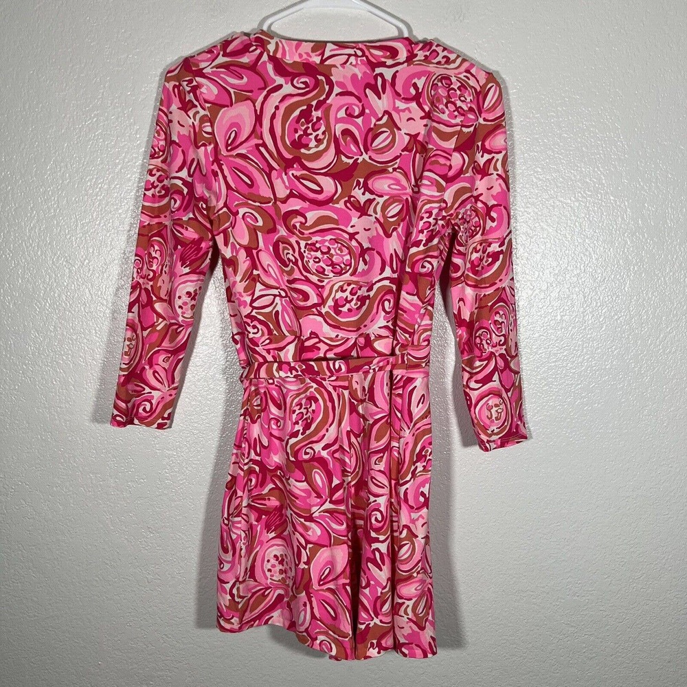 Lilly Pulitzer Karlie Wrap Romper Large Mango Salsa Pink 3/4 Sleeve - Picture 3 of 5
